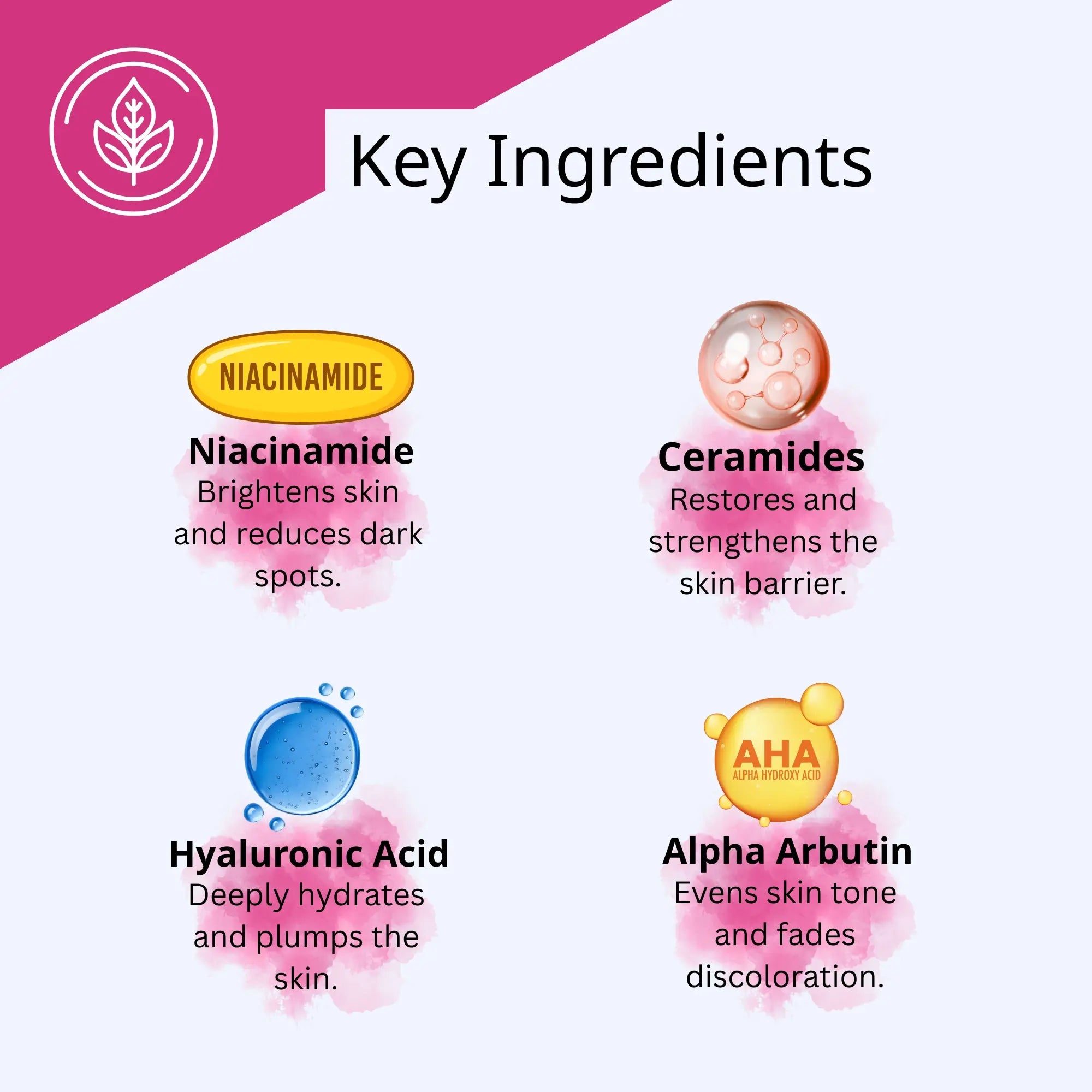 Zurichs Key Ingredients, Niacinamide, Ceramides, Hyaluronic Acid, Alpha Arbutin, brightens skin, strengthens skin barrier, fades discoloration, reduces dark spots
