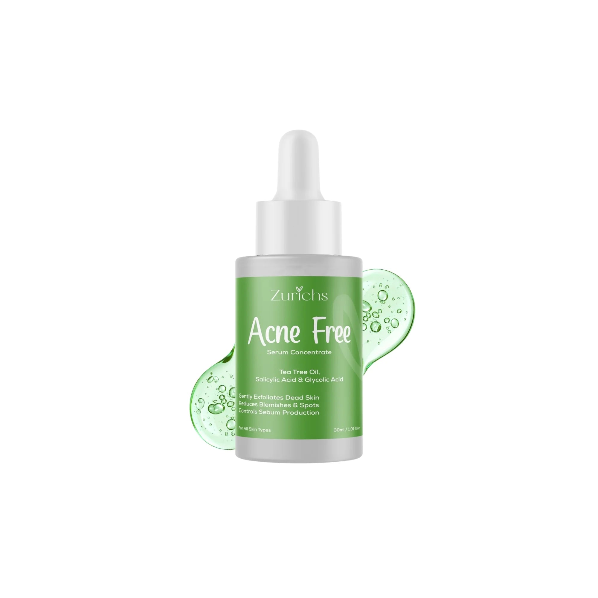 Zurichs Acne Free Serum, Tea Tree Oil, Salicylic Acid, Glycolic Acid, reduces blemishes spots, controls sebum production, gently exfoliates dead skin