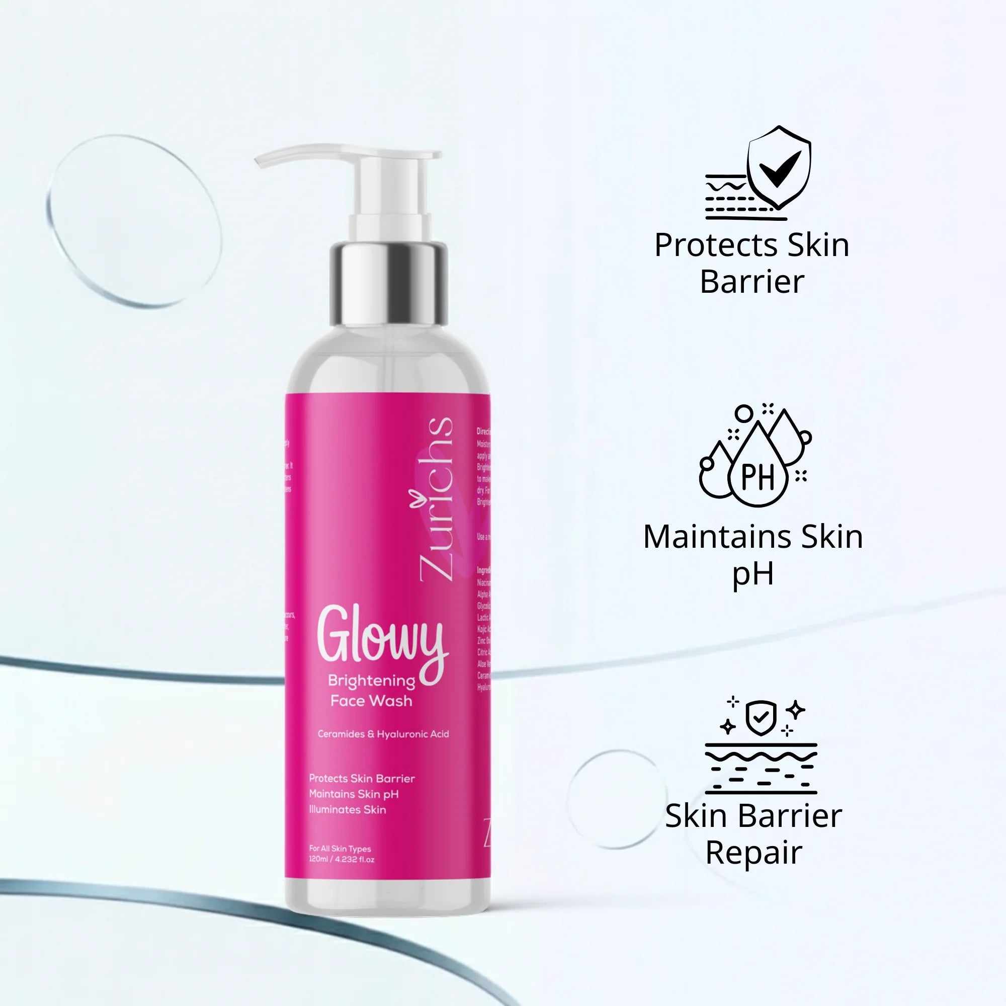 Zurichs Glowy Face Wash, Skin Barrier Repair, maintains skin pH, Ceramides, Hyaluronic Acid, deep cleansing, skin brightening, trending skincare actives