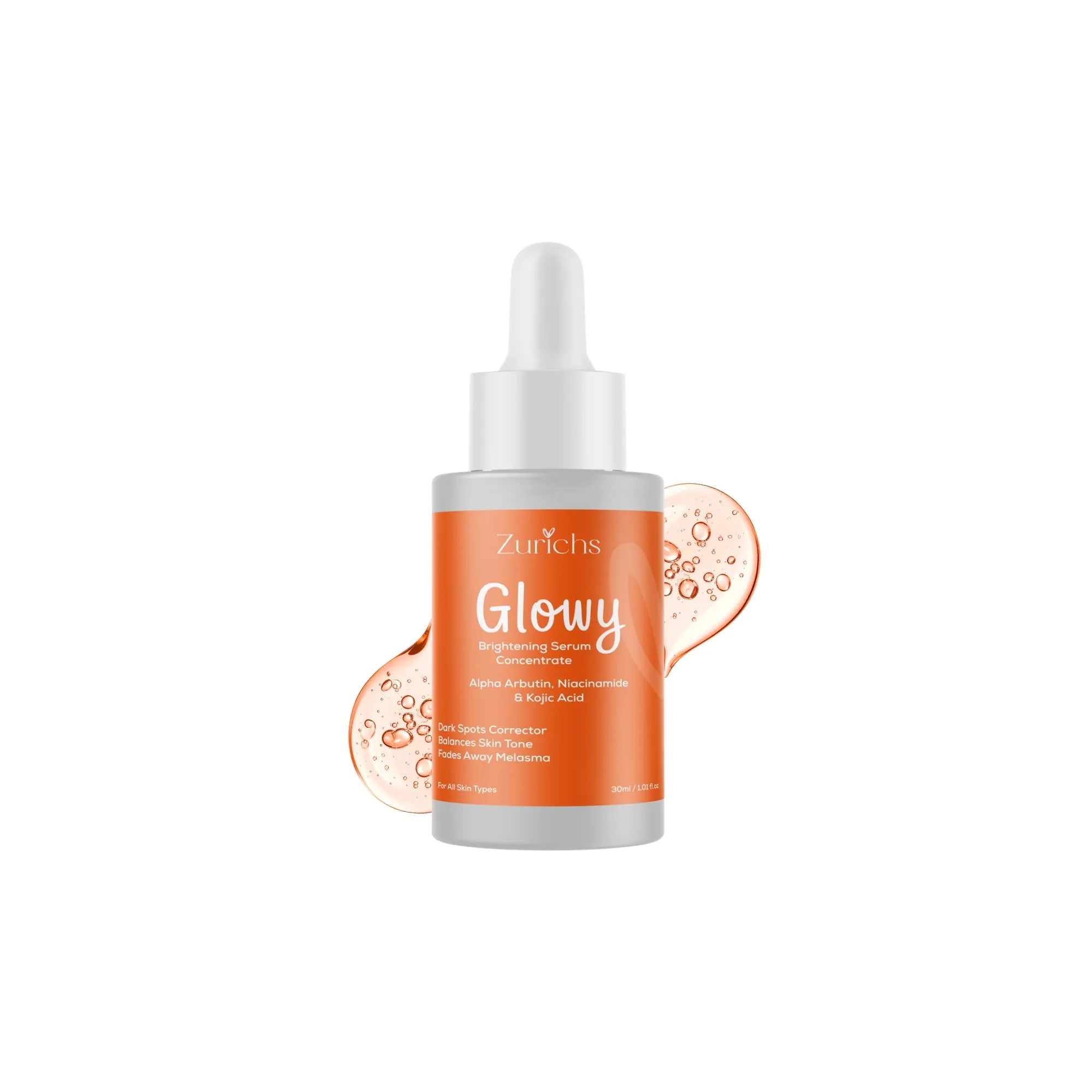 Zurichs Glowy Brightening Serum, Alpha Arbutin, Niacinamide, Kojic Acid, Dark Spots Corrector, Fades Melasma, balances skin tone, intense brightening concentrate