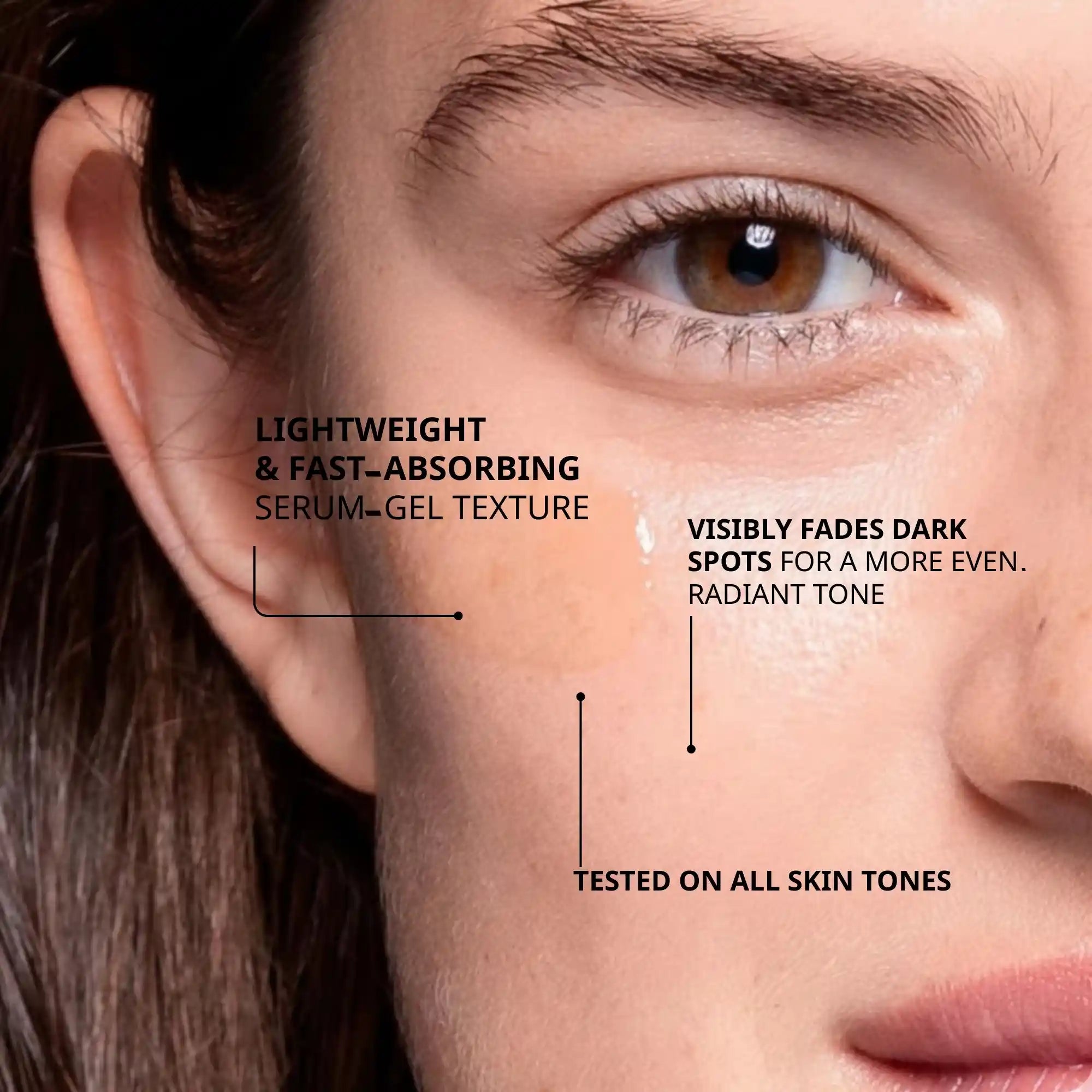 Zurichs Glowy Serum, visibly fades dark spots, even radiant tone, fast-absorbing, serum-gel texture, tested on all skin tones, hyperpigmentation solution
